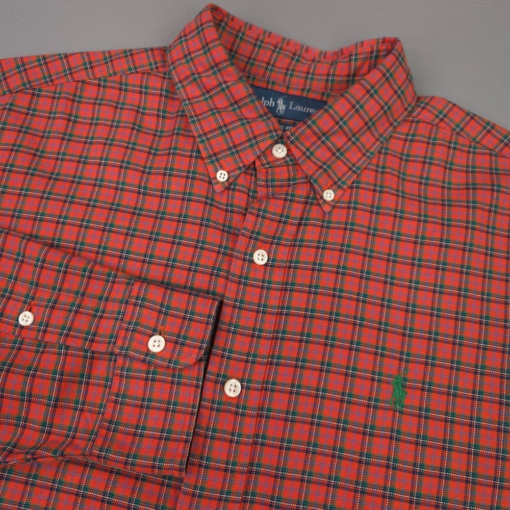Ralph Lauren Shirt Mens Small Red Green Plaid Custom Fit Button Down Long Sleeve